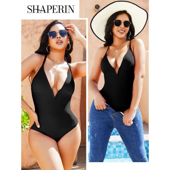✨ SHAPERIN Deep V Tummy Control One Piece Swimsuit Black Size M ✨ NWT - Picture 3 of 7